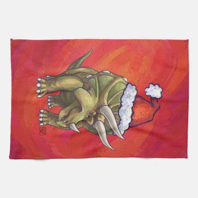 Triceratops Christmas On Red Kitchen Towel (Horizontal)