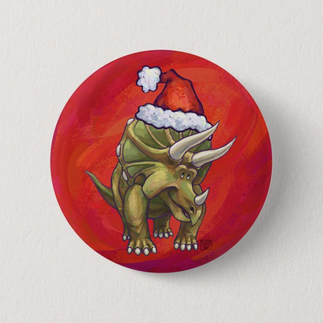 Triceratops Christmas On Red Pinback Button (Front)