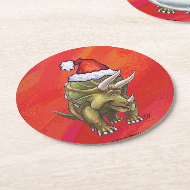 Triceratops Christmas On Red Round Paper Coaster (Angled)