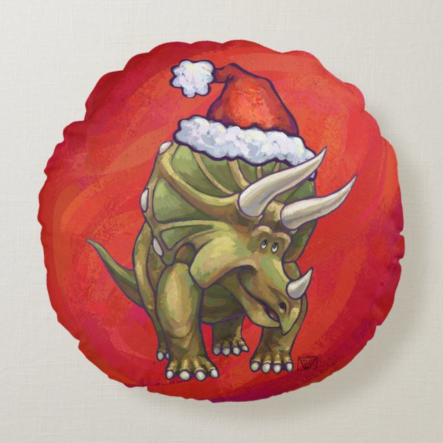 Triceratops Christmas On Red Round Pillow (Front)