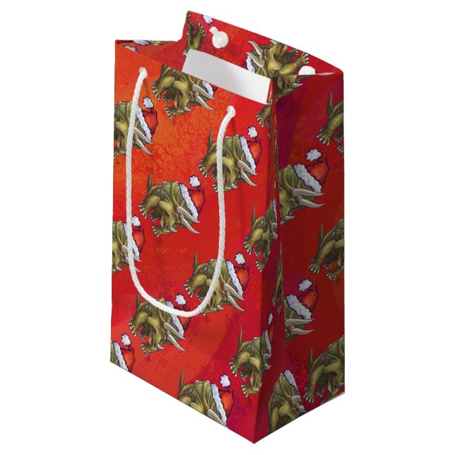 Triceratops Christmas On Red Small Gift Bag (Front Angled)