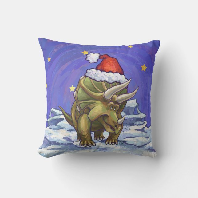 Triceratops Christmas Throw Pillow (Front)