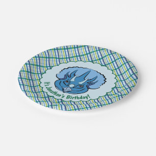 Triceratops Cute Blue Dinosaur on Plaid Paper Plates