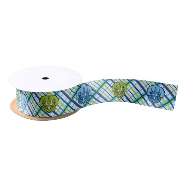 Triceratops Cute Blue Dinosaur on Plaid Satin Ribbon (Spool)