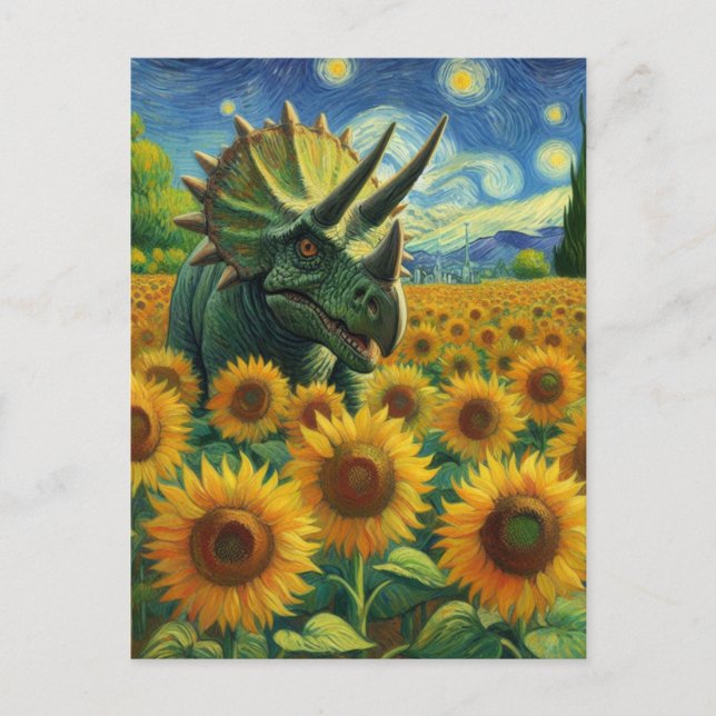 Triceratops Dino in the Sunflower Field Van Gogh Postcard (Front)