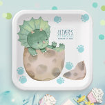 Triceratops Dinosaur Boy 1st Birthday Party Paper Plates<br><div class="desc">Dinosaur theme boy first birthday party paper plates feature a cute triceratops hatching out of an egg with blue dinosaur tracks. Art by KL Stock</div>