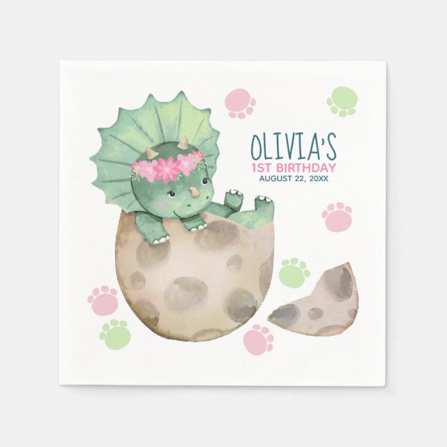 Triceratops Dinosaur Girl 1st Birthday Party Napkins (Front)