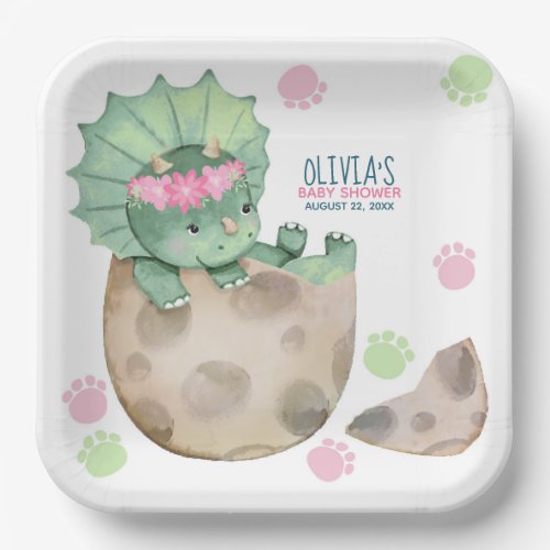 Triceratops Dinosaur Girl Baby Shower Paper Plates