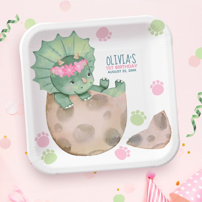 Triceratops Dinosaur Girl Birthday Party Paper Plates (Creator Uploaded)