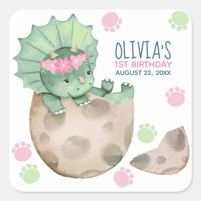 Triceratops Dinosaur Girl Birthday Party Square Sticker (Front)