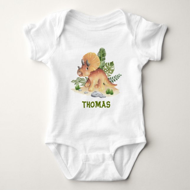 Triceratops Dinosaur Greenery Custom Name Baby Bodysuit (Front)