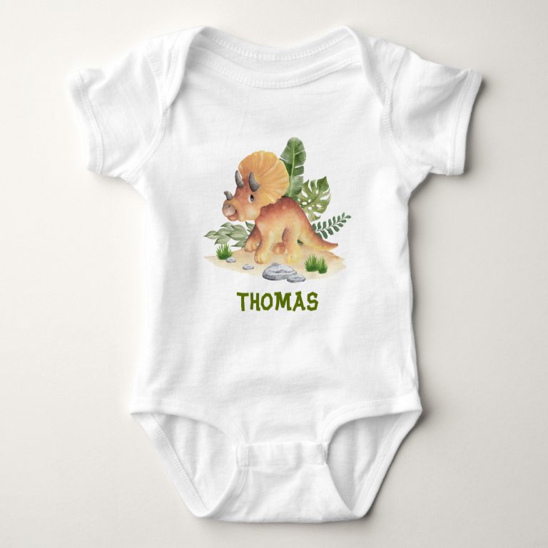 Triceratops Dinosaur Greenery Custom Name Baby Bodysuit