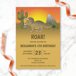Triceratops Dinosaur In Desert Kid's Birthday Invitation