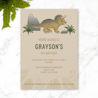 Triceratops Dinosaur Minimalist Beige Birthday Invitation