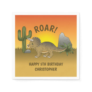 Triceratops Dinosaur Orange Yellow Desert Birthday Napkins
