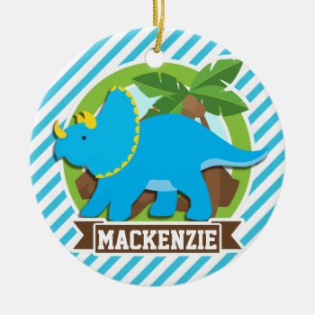 Triceratops Dinosaur; Sky Blue & White Stripes Ceramic Ornament by Birthday_Party_House at Zazzle