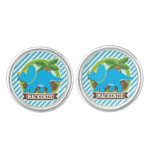 Triceratops Dinosaur; Sky Blue & White Stripes Cufflinks