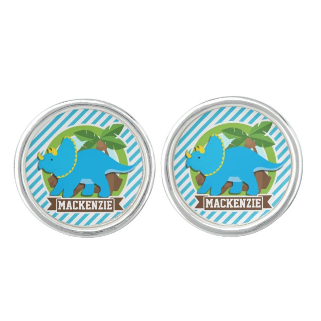 Triceratops Dinosaur; Sky Blue & White Stripes Cufflinks (Front)