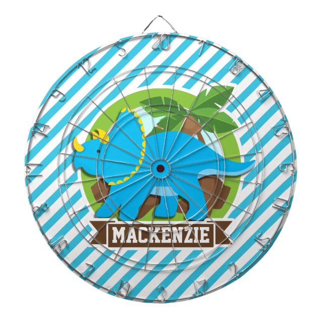 Triceratops Dinosaur; Sky Blue & White Stripes Dart Board (Front)