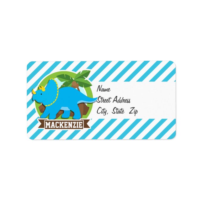 Triceratops Dinosaur; Sky Blue & White Stripes Label (Front)