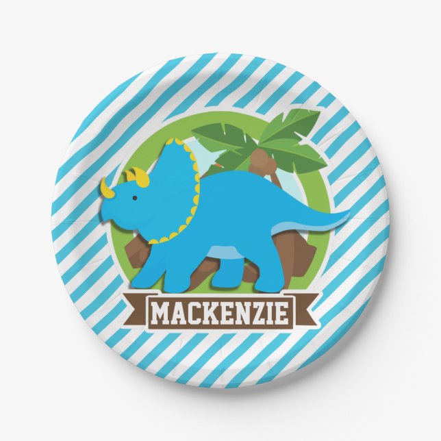 Triceratops Dinosaur; Sky Blue & White Stripes Paper Plates (Front)