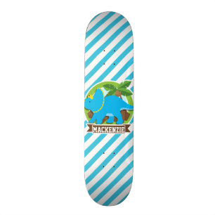 Triceratops Dinosaur; Sky Blue & White Stripes Skateboard Deck