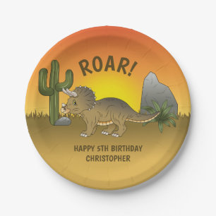 Triceratops Dinosaur Sunset Desert Kid's Birthday Paper Plates