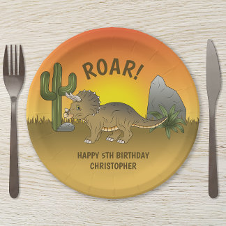 Triceratops Dinosaur Sunset Desert Kid's Birthday Paper Plates