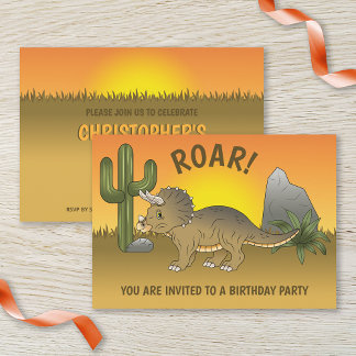 Triceratops Dinosaur Sunset In Desert Birthday Invitation