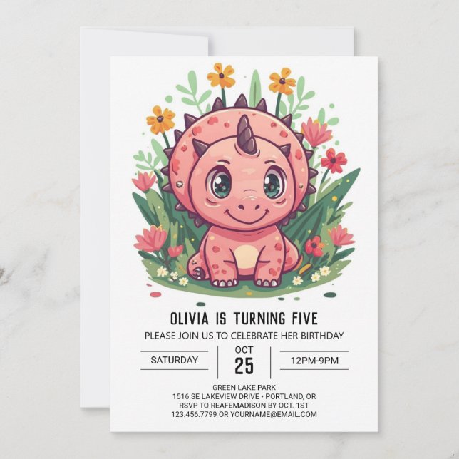 Triceratops Editable Dinosaur Girl Birthday Invitation (Front)