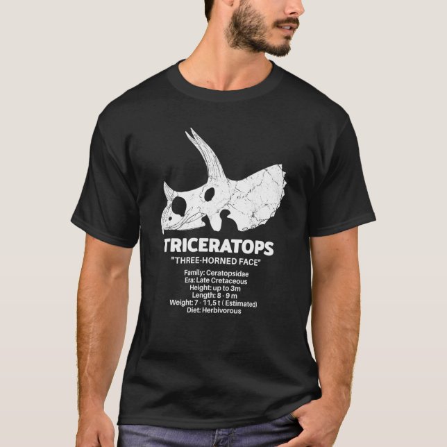 Triceratops Fossil Skull Dinosaur Fact Sheet T-Shirt (Front)