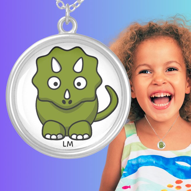 Triceratops Green Baby Dinosaur Silver Plated Necklace (Triceratops Green Baby Dinosaur Silver Plated Necklace)