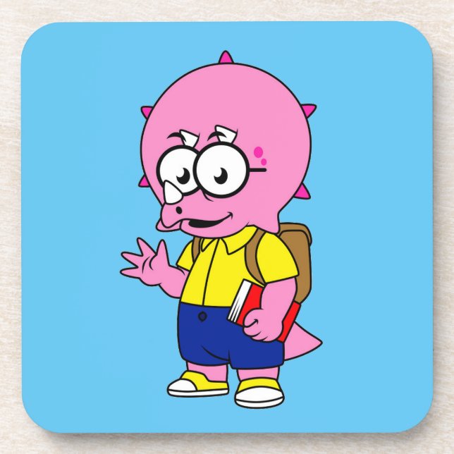 Triceratops Nerd With Backpack And Textbook. Beverage Coaster (Front)
