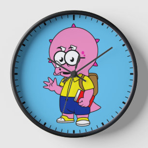 Triceratops Nerd With Backpack And Textbook. Clock