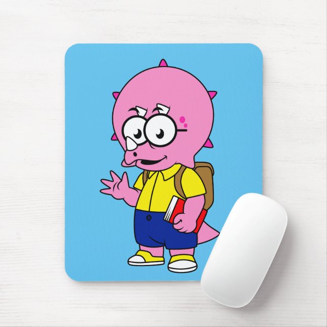 Triceratops Nerd With Backpack And Textbook. Mouse Pad (With Mouse)