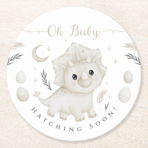 Triceratops Neutral Dinosaur Baby Shower Oh Baby Round Paper Coaster