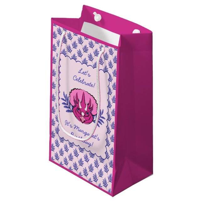 Triceratops Pretty Pink Dinosaur and Leaf Pattern Small Gift Bag (Front Angled)