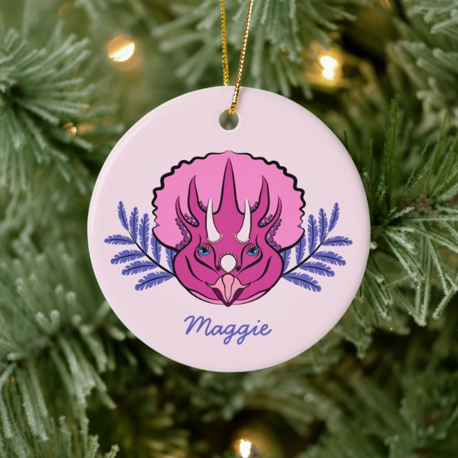 Triceratops Pretty Pink Dinosaur Ceramic Ornament (Tree)