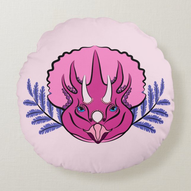 Triceratops Pretty Pink Dinosaur Round Pillow (Front)
