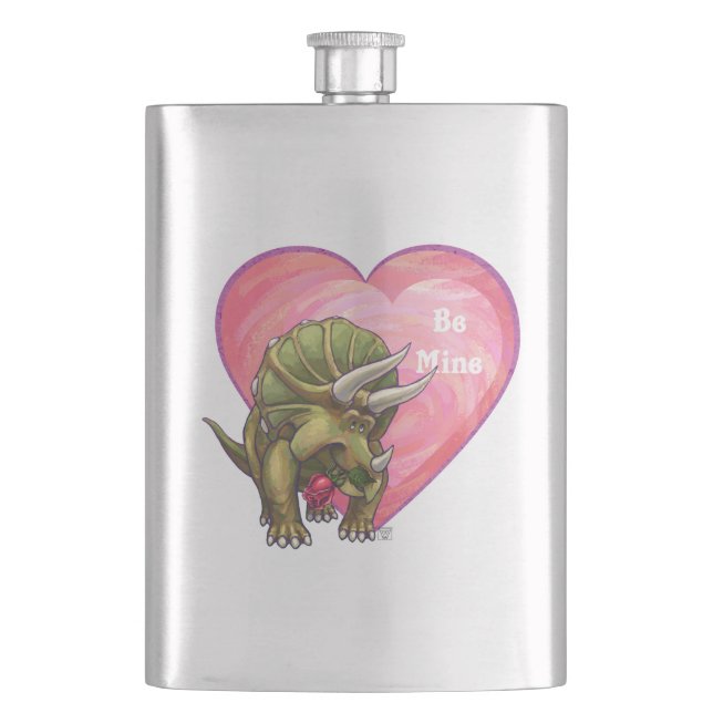 Triceratops Red Rose Heart Hip Flask (Front)