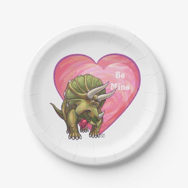 Triceratops Red Rose Heart Paper Plates (Front)