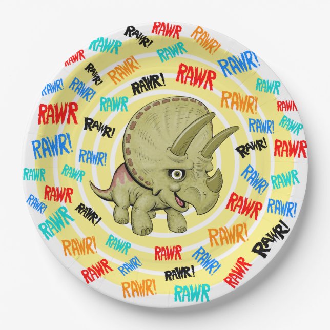 Triceratops says “Rawr!” Paper Plates (Front)