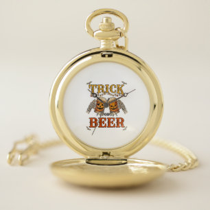 Trick Or Beer Halloween Pumpkin Mug Skeleton Hands Pocket Watch