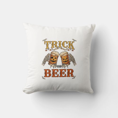 Trick Or Beer Halloween Pumpkin Mug Skeleton Hands Throw Pillow