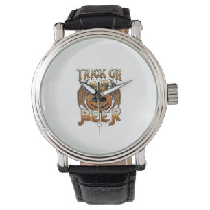 Trick Or Beer Halloween Pumpkin Skeleton Wings Mug Watch