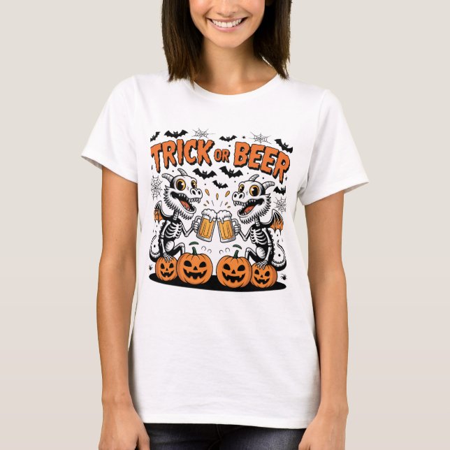 Trick or Beer Skeleton Dragons Halloween Art T-Shirt (Front)