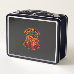 Trick Or Chocolate Halloween Pumpkin Witch Hat Can Metal Lunch Box