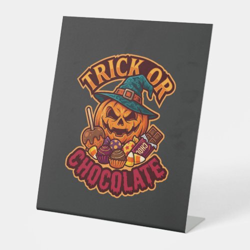 Trick Or Chocolate Halloween Pumpkin Witch Hat Can Pedestal Sign