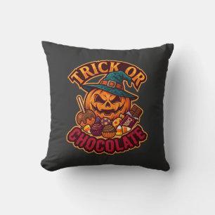 Trick Or Chocolate Halloween Pumpkin Witch Hat Can Throw Pillow