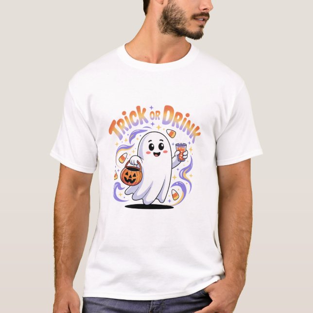 Trick or Drink Halloween Spooky Ghost T-Shirt  (Front)